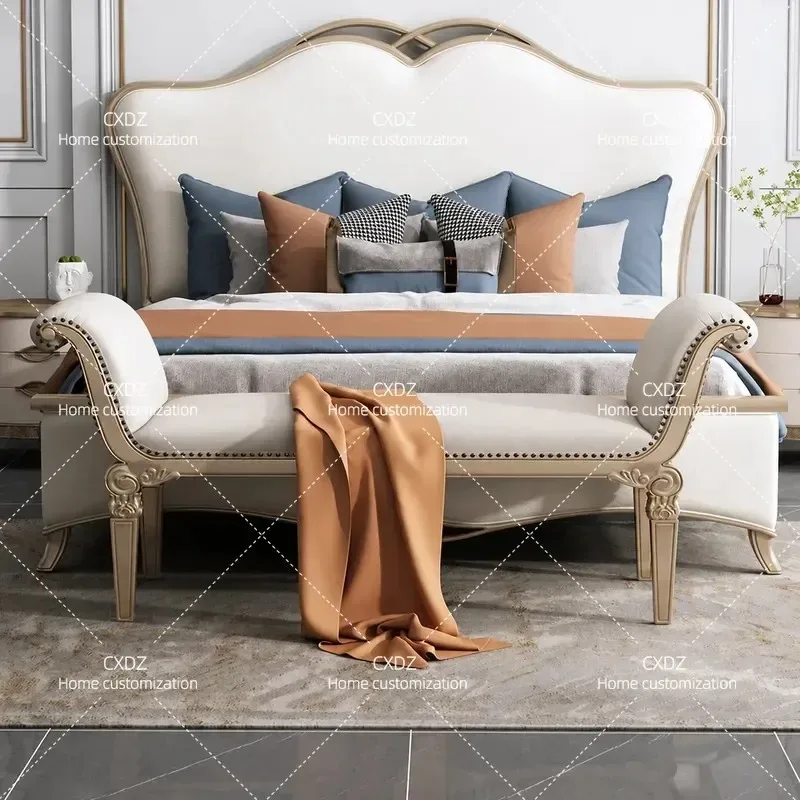 American Light Luxury Solid Wood Carved Flower Bedside Stool French Bedroom Shoe Changing Bench Cloakroom Sofa End Table