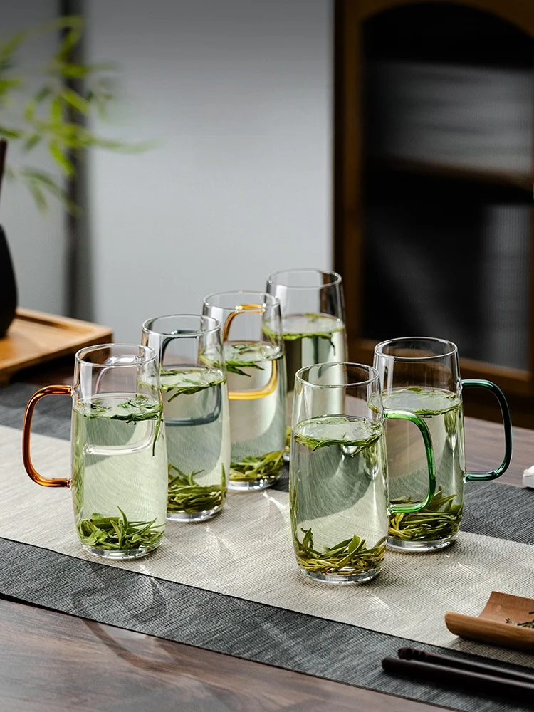 

High Borosilie Glass Tea Cup Set for Brewing een Tea Heat Resistant Home Office Use with Handles Transparent round ape