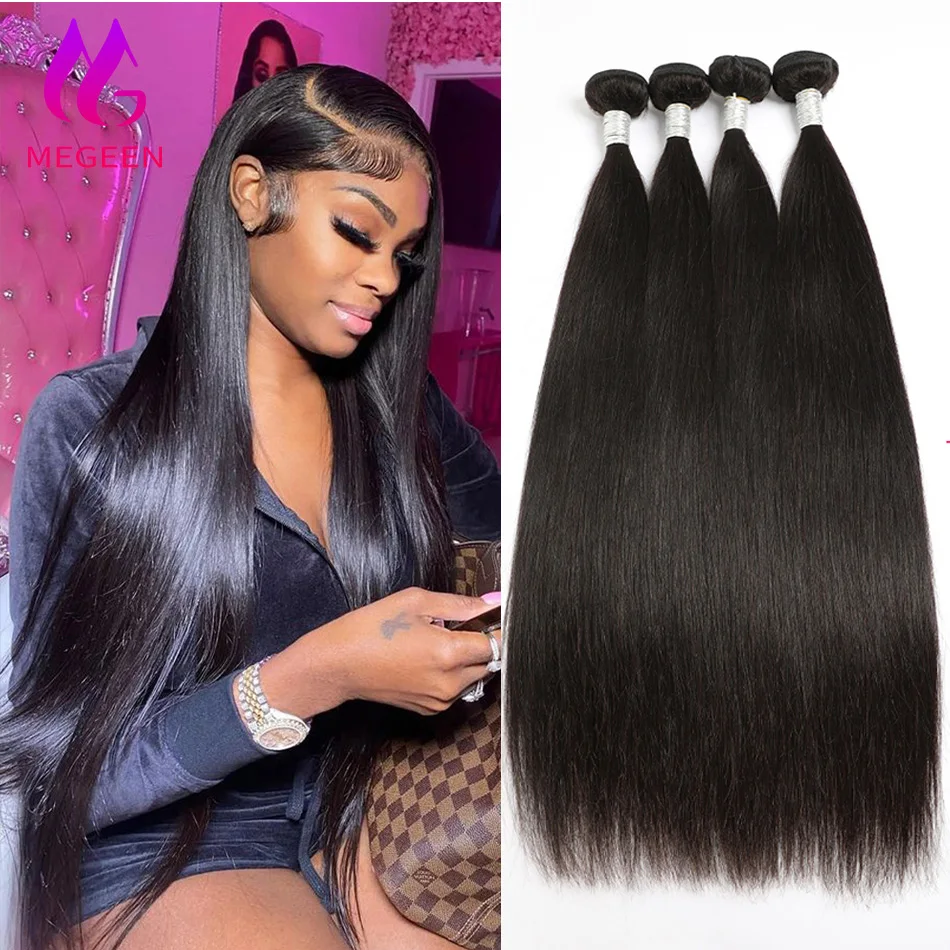 

Megeen 30-дюймовые натуральные 100% человеческие волосы для наращивания, прямые волосы на косточках, 3/4 искусственных волос, бразильские волосы с двойным переплетением, волнистые волосы для женщин