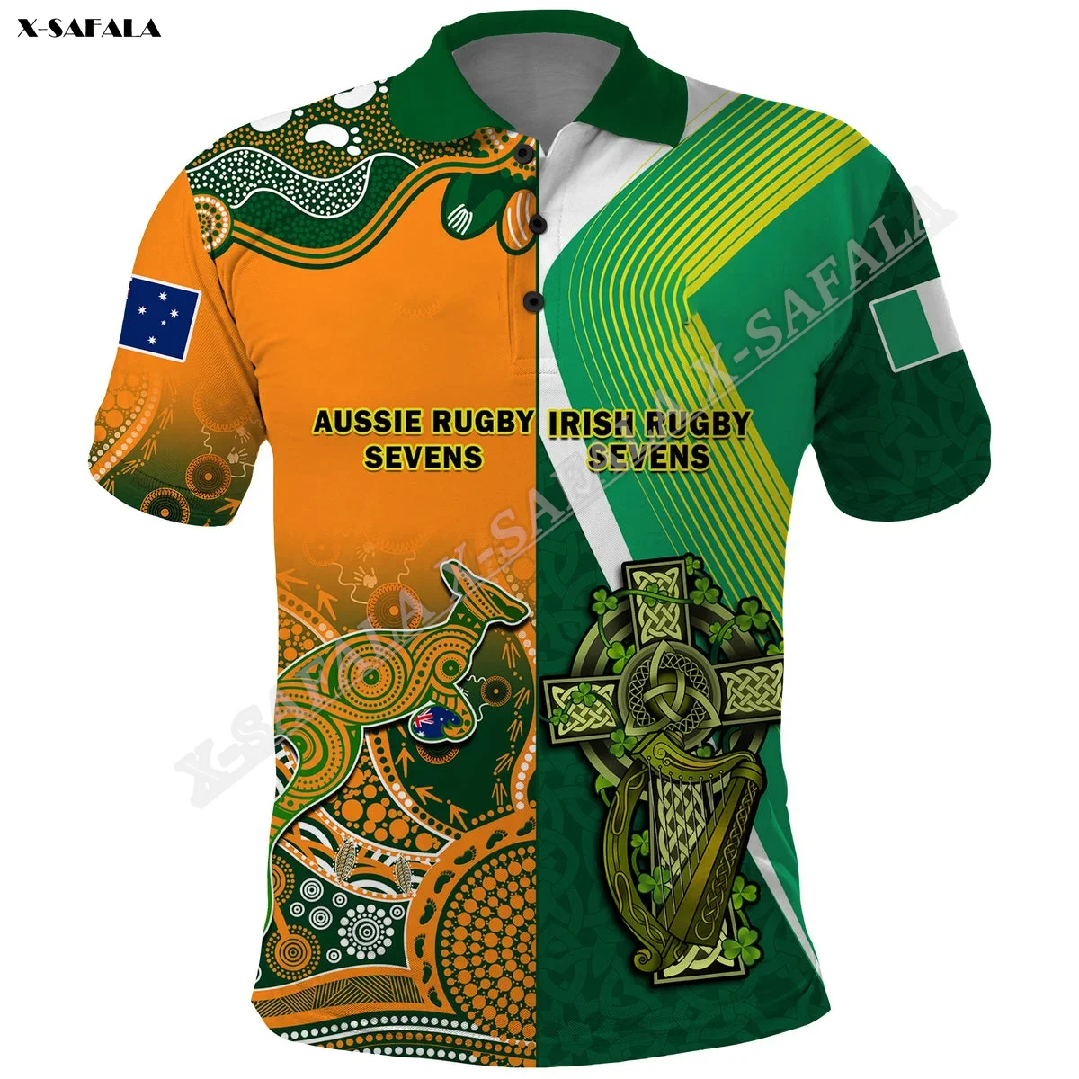 Ireland Australia Rugby Sevens Irish Aussie 3D Print For Men Adult Polo Shirt Collar Short Sleeve Top Tee Breathable Sporty Gift