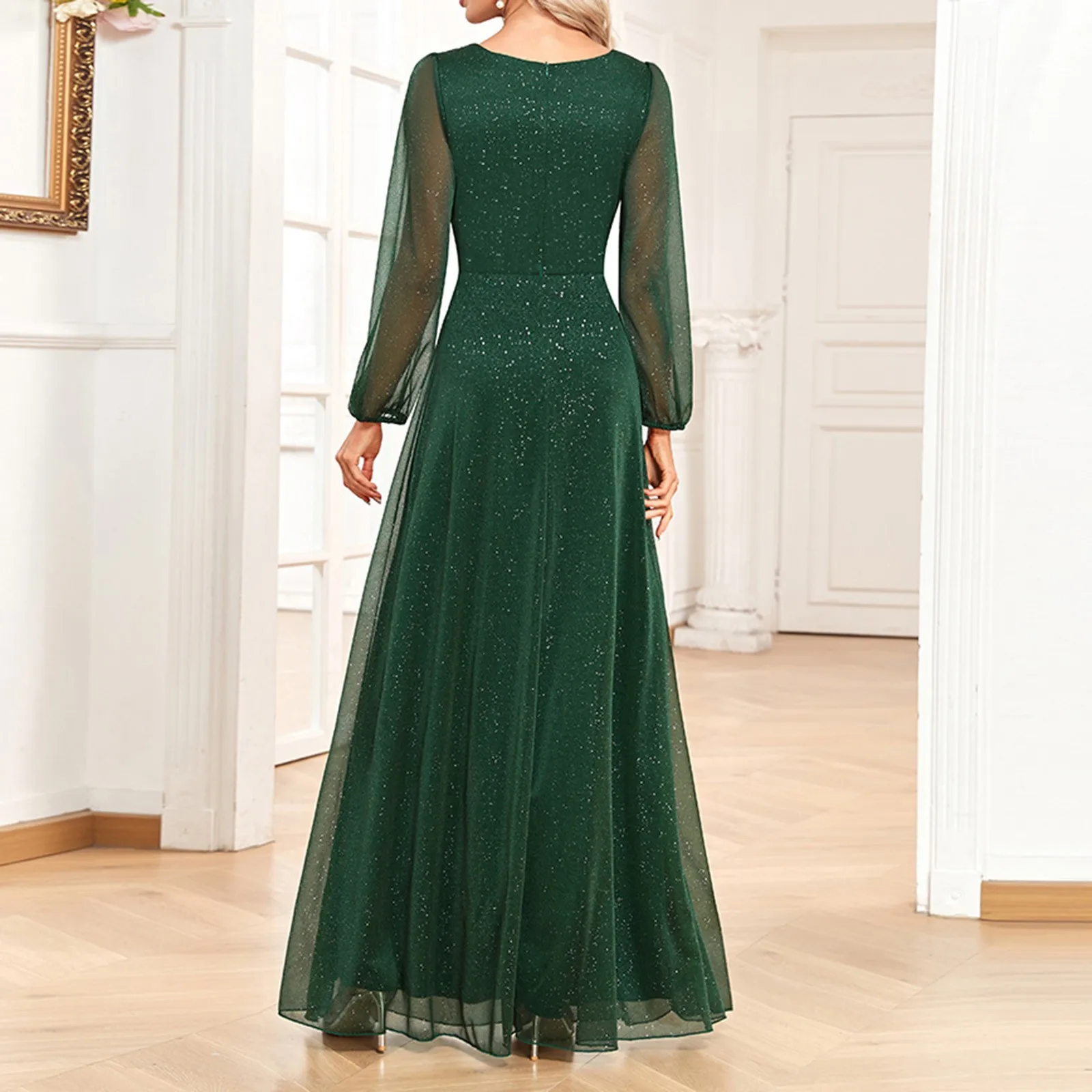 2024 New Women's Fashion V-neck Sparkling Chiffon A-line Long sleeved Evening Dress Elegant Ball Party Dress High Daily Dress