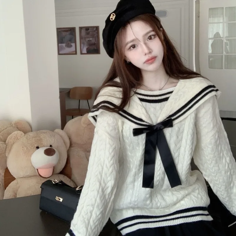 Kawaii Preppy Style Pullovers Women Cozy Autumn Winter Korean Fashion Bow Design Sweet Girl Casual Harajuku Sweaters for Ladies