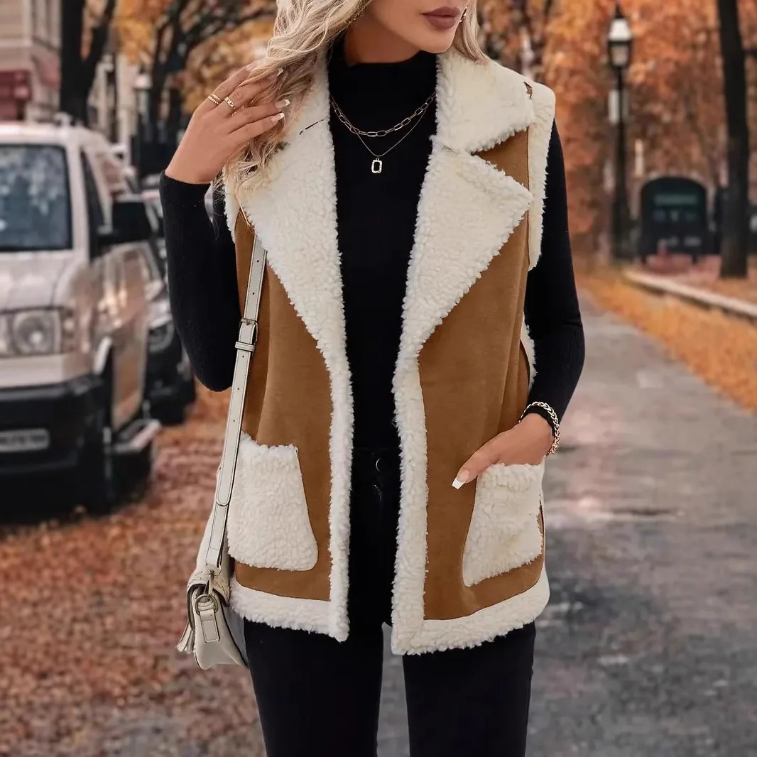 

Осень-зима 2022, новая мода, женский жилет из овечьей шерсти с цветными блоками, простая женская меховая интегрированная замшевая куртка с лацканами