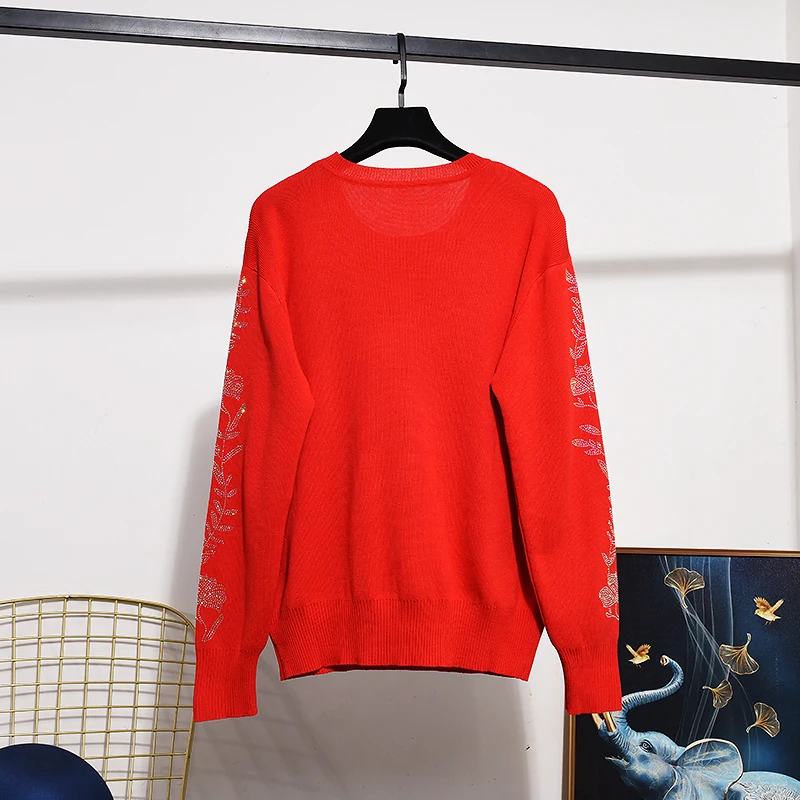 Red Knitted Two-piece Sets for Women Autumn Cartoon Hot Driilling Loose Pullover Top Casual Sweaters + Sports Harem Pants Suits