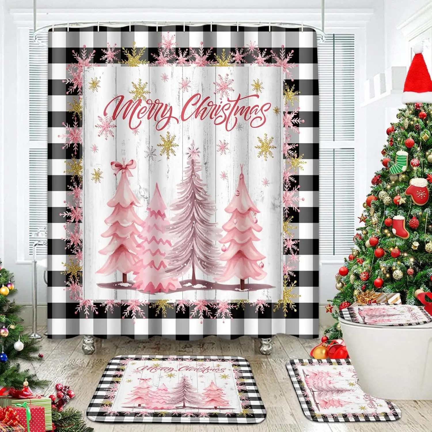 

Рождественский набор для ванной комнаты с розовой елкой и аксессуарами для душа, клетчатый фермерский дом, винтажный рождественский набор занавесок для душа для декора ванной комнаты, 4 шт.