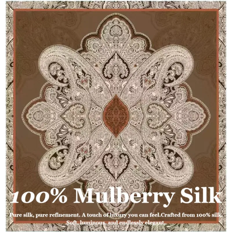 

2026 100% Mulberry Silk Scarf 110cm Luxury Vintage Retro Large Square Hand Rolled Real Silk Shawl Wrap Fashion Floral Foulard