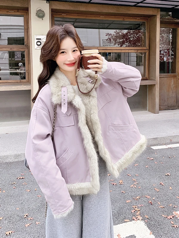 

Фиолетовая женская парка с меховой подкладкой, утепленная зимняя хлопковая куртка, двусторонняя, в корейском стиле, с длинными рукавами