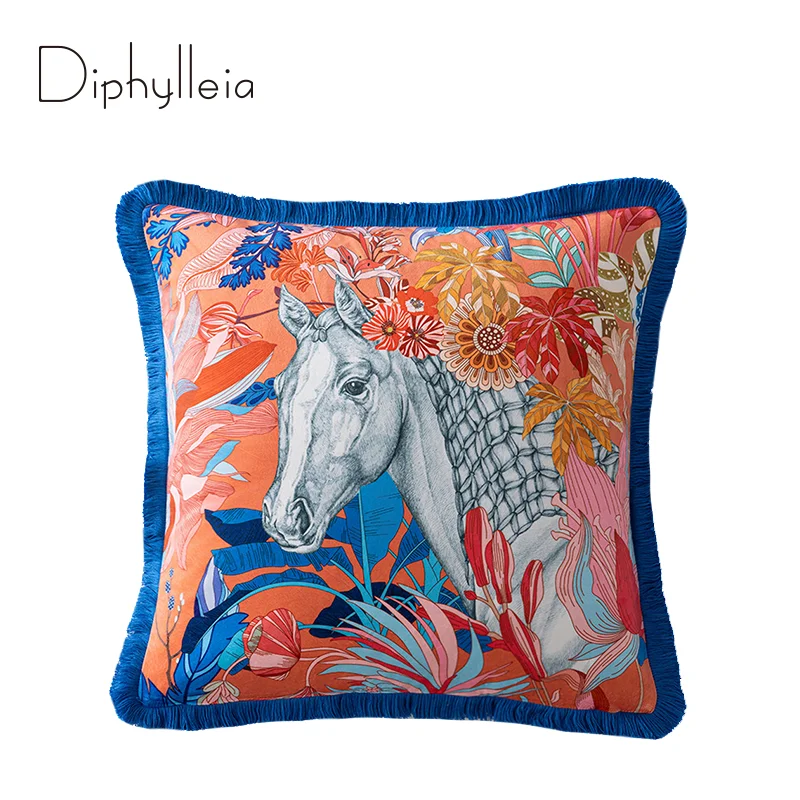 Diphylleia H Style Inspired Horse Head Cushion Cover Tropical Leaves And Exotic Flowers Decorative Pillow Case For Villa Hotel
