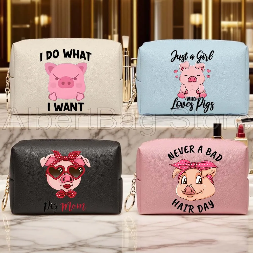 

PU Leather Cosmetic Bag Cute Pink Pig Kawaii Cartoon Pig Mom Gift Blue Make Up Box Women Makeup Bag Case Waterproof Toiletry Bag