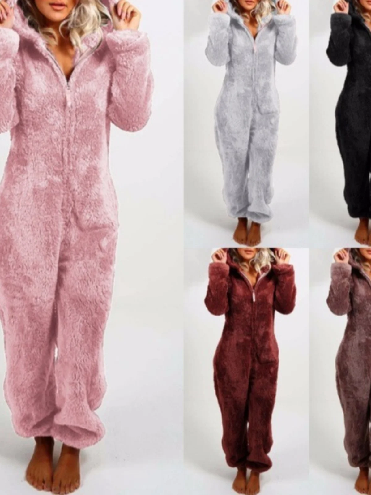 Autumn Winter plus Size Women's Fleece Lined Thickened Fur Hooded Onesie Pure Color Romper Sleepwear Long Sleeve Zipper Closure
