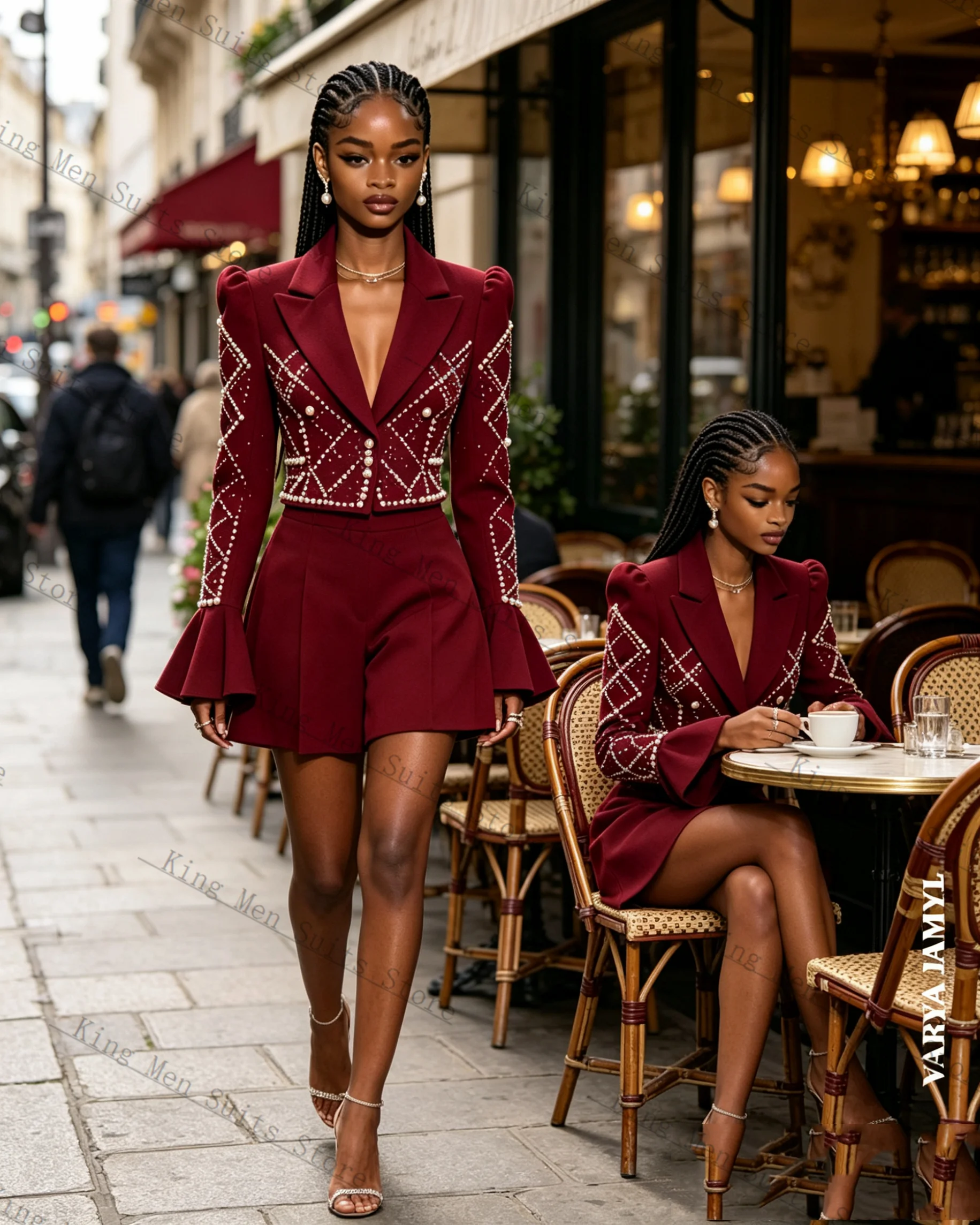 Pearls Formal Women Suits Set 2 Piece Crystals Blazer+Short Pants Trousers Customized Office Lady Jacket Wedding Prom Coat