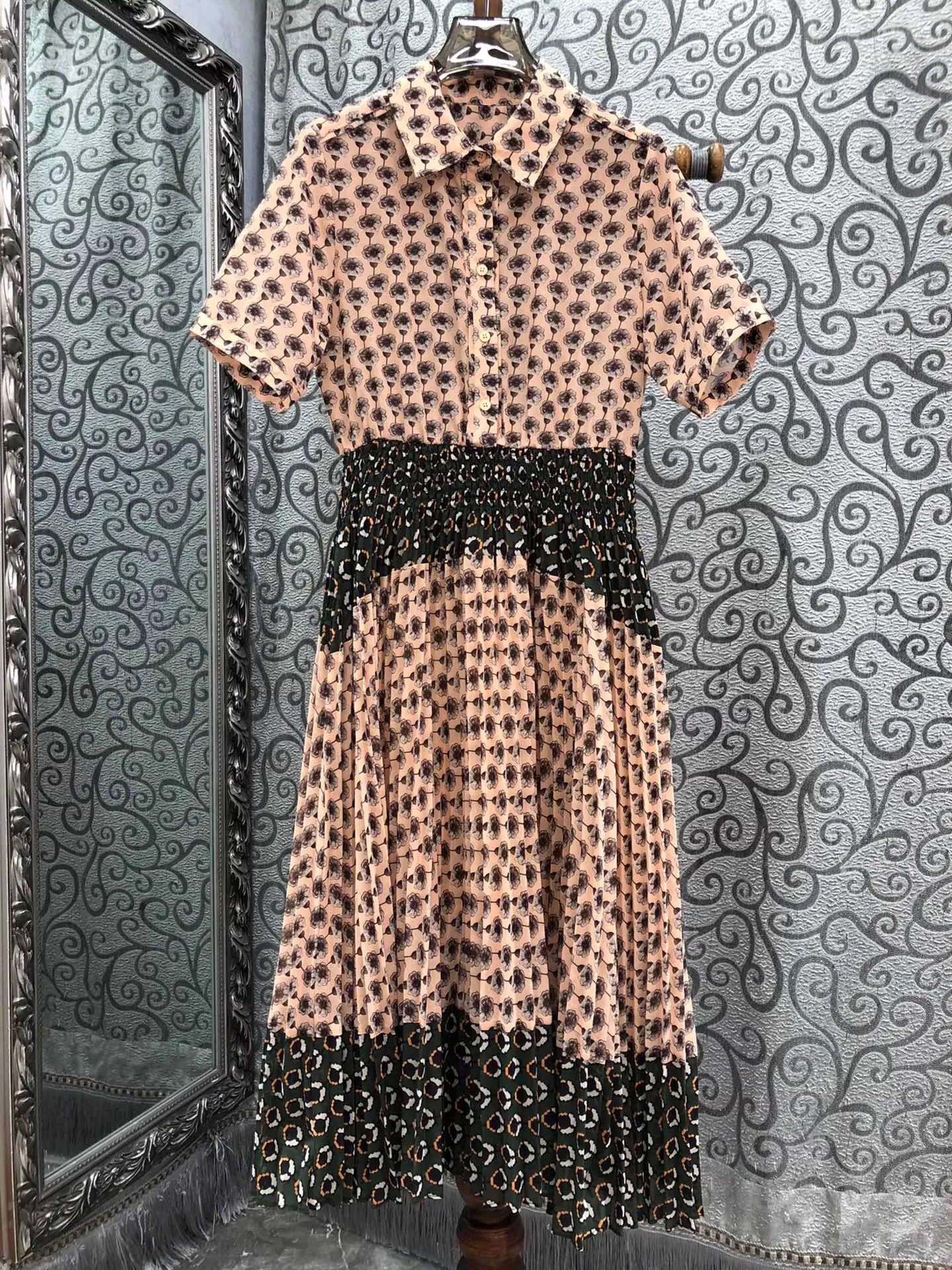 

100%Cotton Dress 2025 Summer Designer Fashion Clothes Lady Turn-down Collar Elastic Waist Short Sleeve Vintage Floral Dress