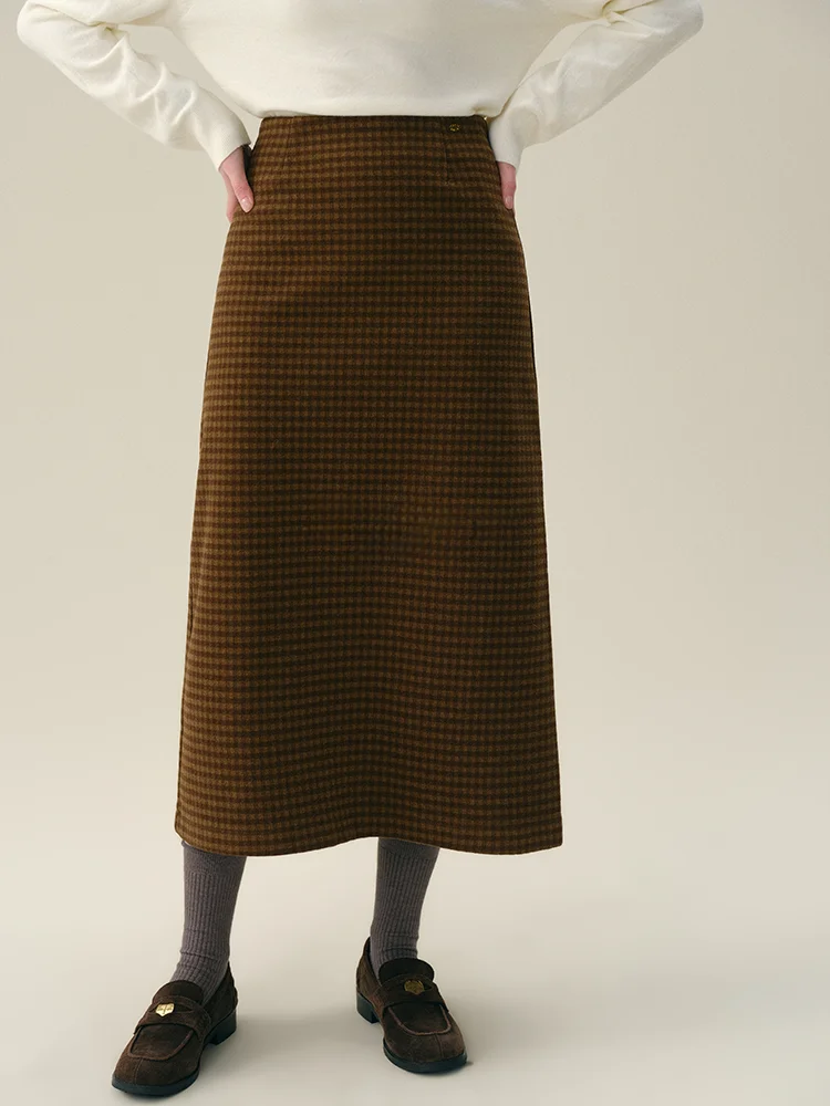

Rina Berry Retro Plaid High Waist Autumn Winter Long Skirt Elegant Wool Blend Midi Skirt Versatile for Small Stature