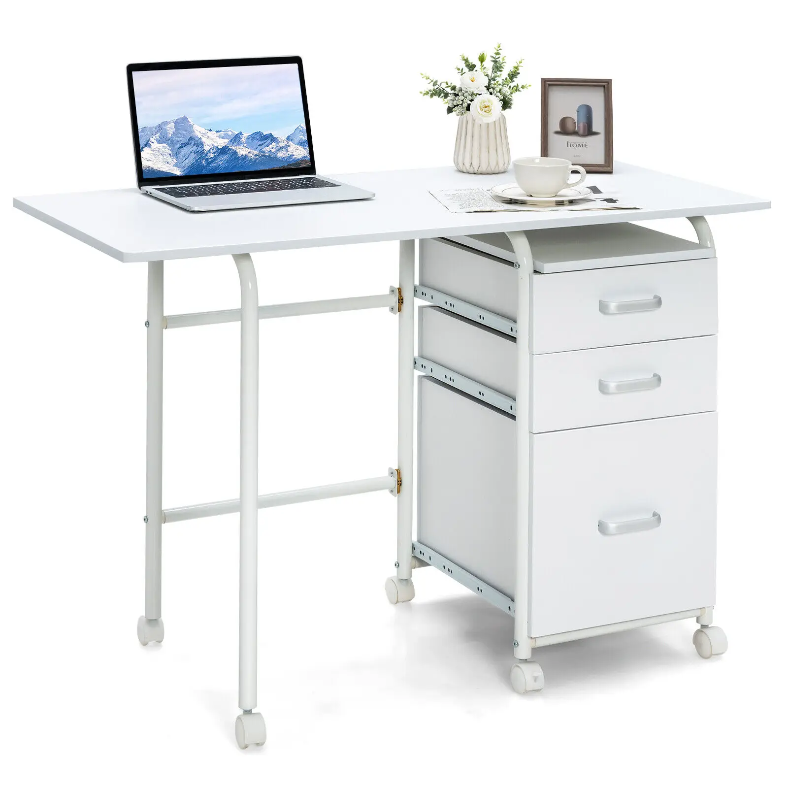 Costway Folding Computer Laptop Desk Wheeled Home Office Furniture w/3 Drawers White