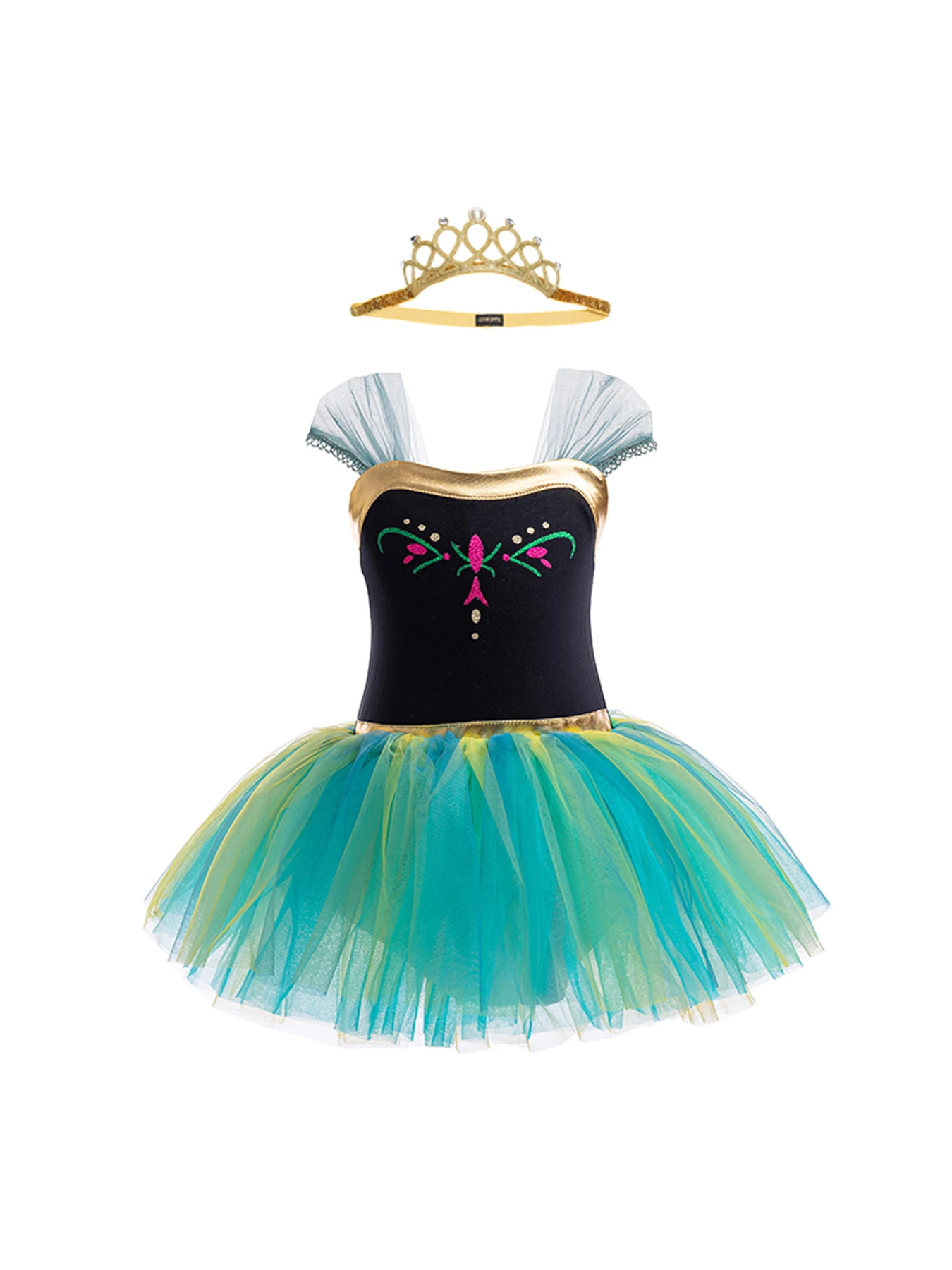 

Girls' Ballet Tutu Dress - Printed Bodice, Mesh Sleeve, Multicolored Tulle, for Festival Occasions - Tiara Included