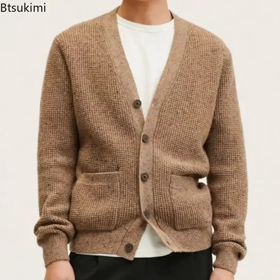 New 2024 Autumn Winter Men\'s Knitted Sweaters Warm Coats Mens Streetwear Single Breasted Top V-neck Cardigan Brown Sweater Male