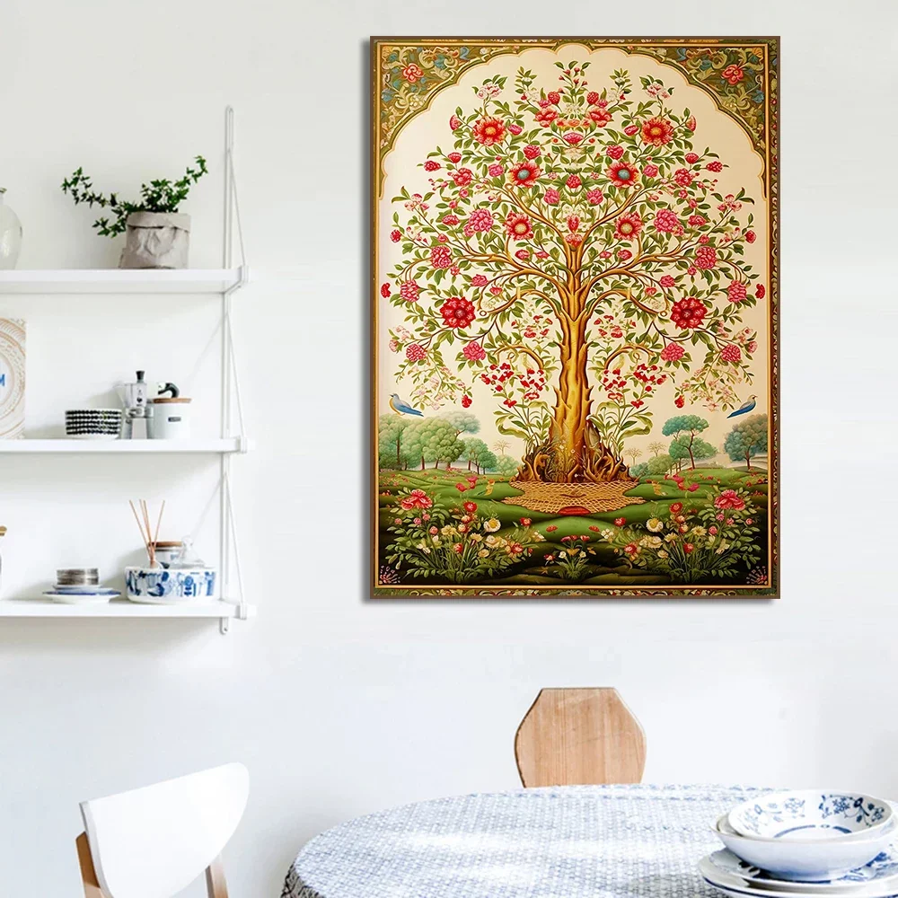 خمر شجرة الحياة الهندية الأزهار الطيور الفيل الجمل الطاووس الحيوان ملصق فني حائط لوح رسم يطبع غرفة ديكور المنزل