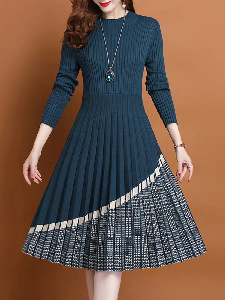 

2025 New Style Mid-Length Knitted Woolen Dress Women's Loose Color Block Knee-Length Sweater Long Knitwear Round Neck CQ304