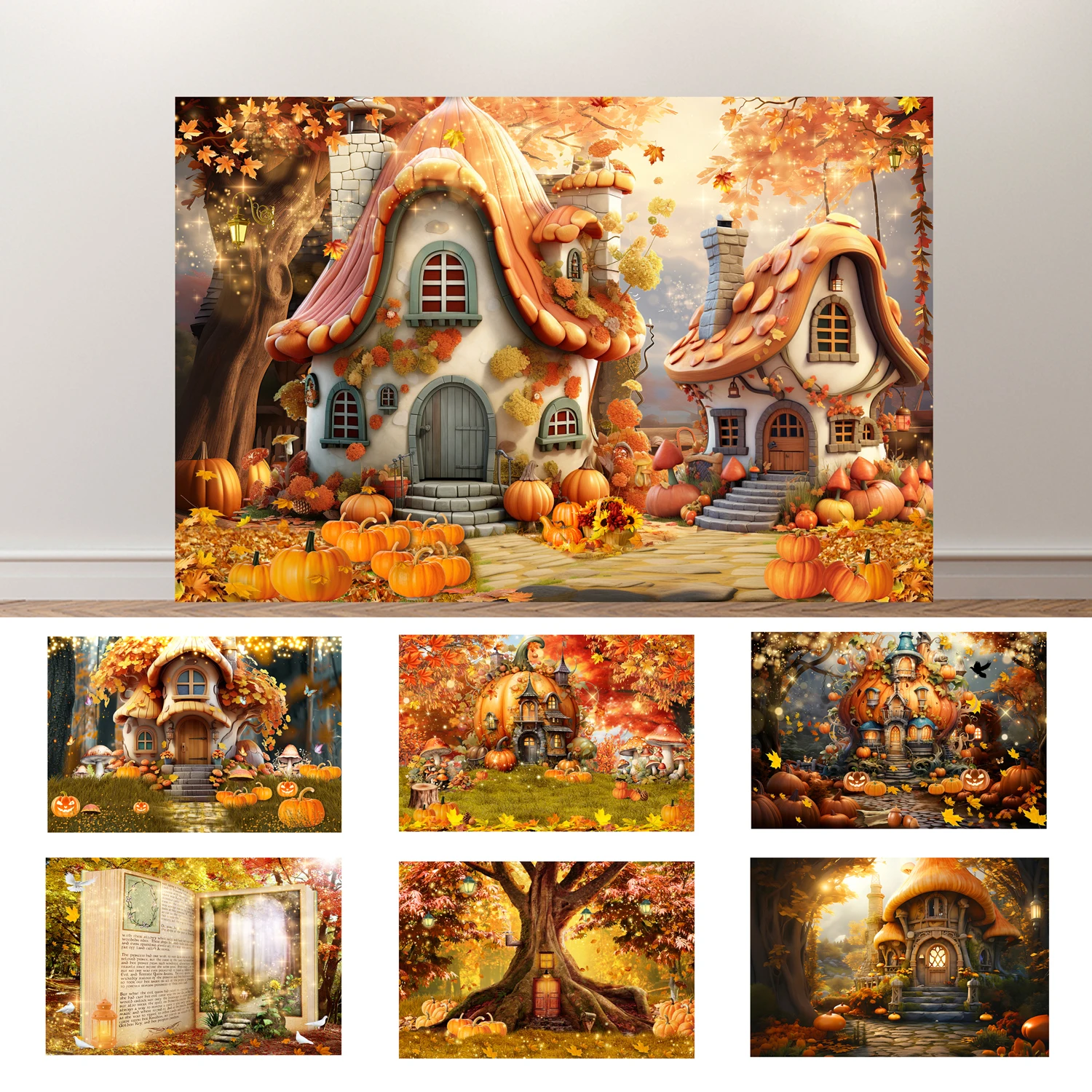 

SeekPro Fall Fairy Tale Pumpkin Cottages Autumn Forest Scenery Children Birthday Party Portrait Decor Backdrop Photo Studio