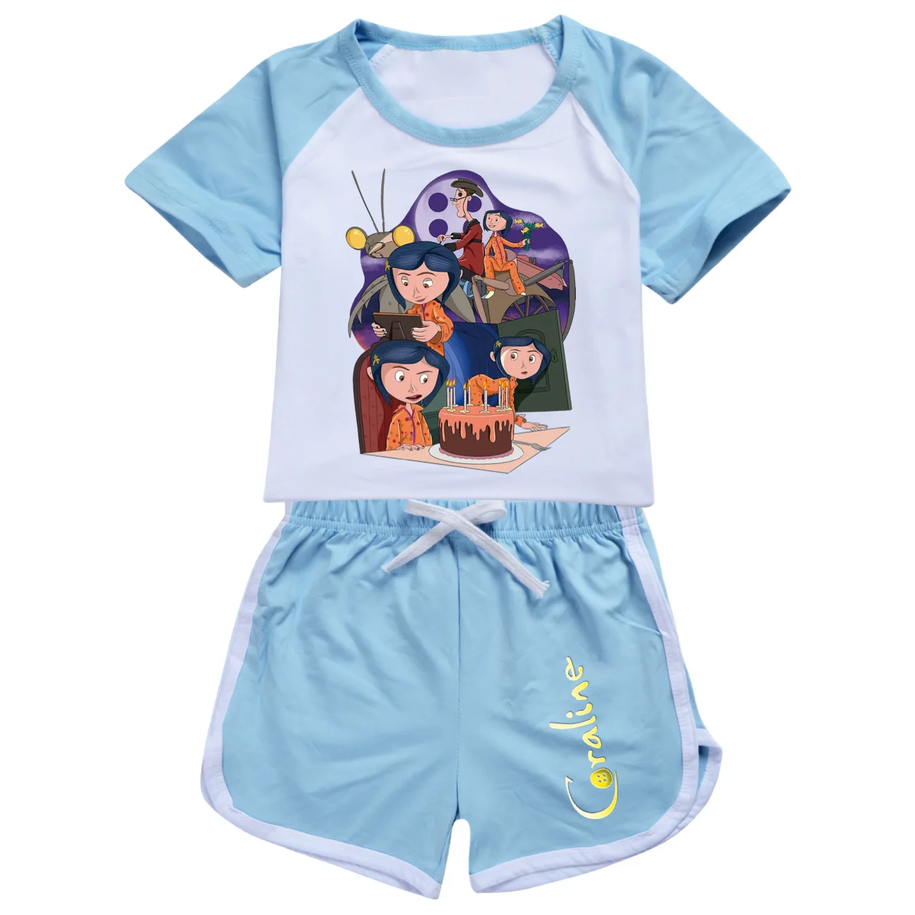 Summer Kids Boys Clothes Sets Girls Cartoon Coraline T-Shirts + Sports Shorts 2PCs Outfits Toddler Boys Clothing Set 2-16Y3060