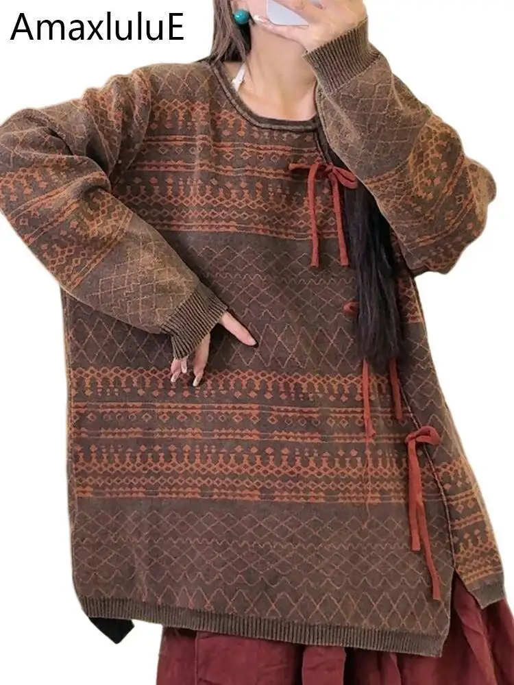 

Amax LuluE Chinese 2025 Winter Jumpers Womens Classic Fashion Vintage Printed Sweaters Ladies Casual Punk Floral Cotton Pullover