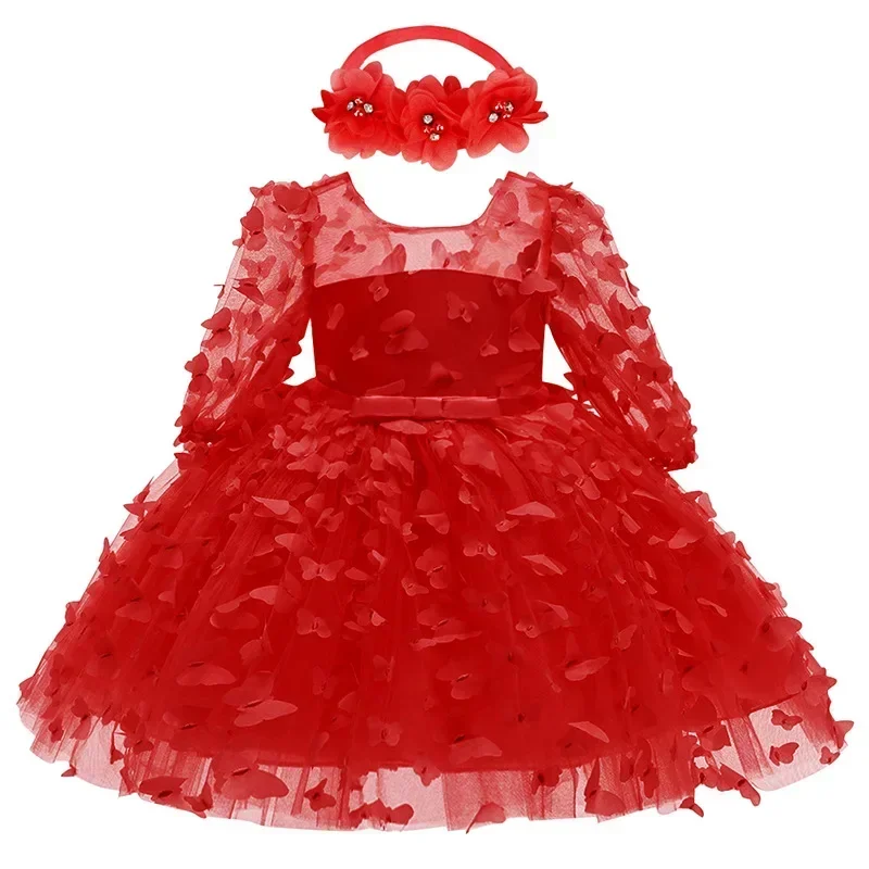 

New Born Baby Long Sleeve Mesh Princess Dress Three-dimensional Butterfly Puffy Dress for Birthday Girl Big Bow Party Dress