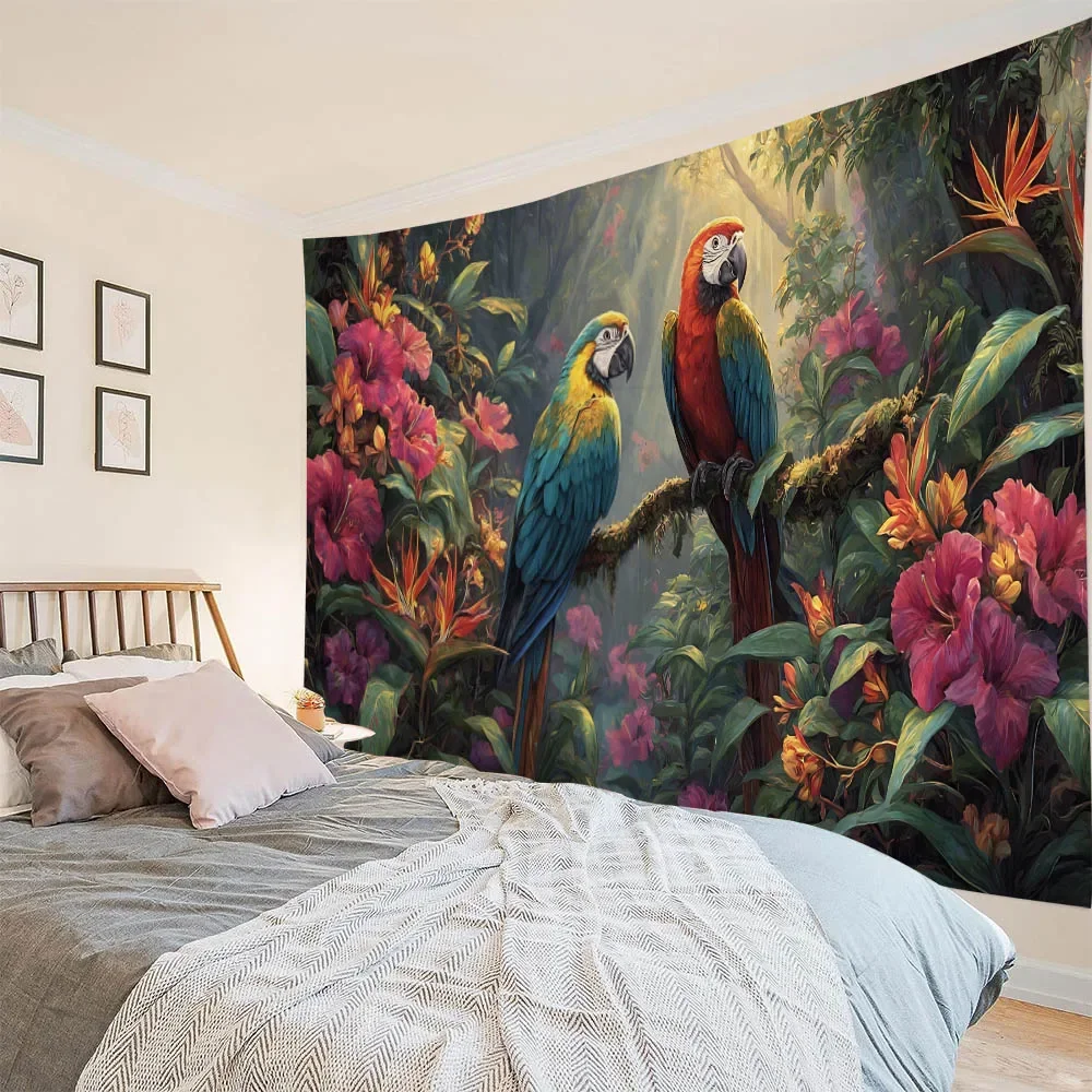 Tropical Rainforest Wall Tapestry with Macaw & Waterfall Bird Dynamic Design for Bedroom Homestay Decor Background Cloth