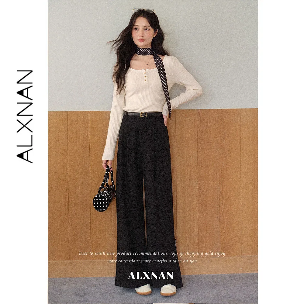 ALXNAN Black Wide‑leg Casual Pants Women Autumn High Waist Straight Split Hem Polka‑dot Spliced Design Long Trousers L67892