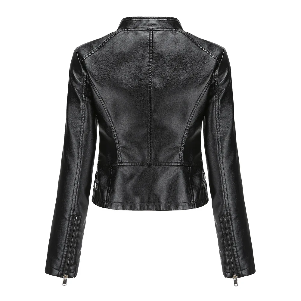 Women's Rivet PU zipper Leather Coat, Black Motorcycle Jacket, Standing Collar, Korean Punk Rock Fashion, Autumn and Winter