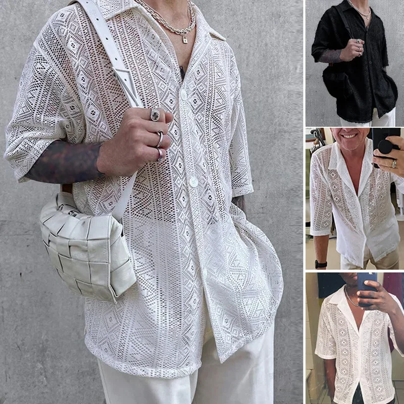 

Stylish Mens Shirt Large Size Fashionable and Personalized Perspective Lace Shirt Summer Mens Outdoor Cool and Breathable Top