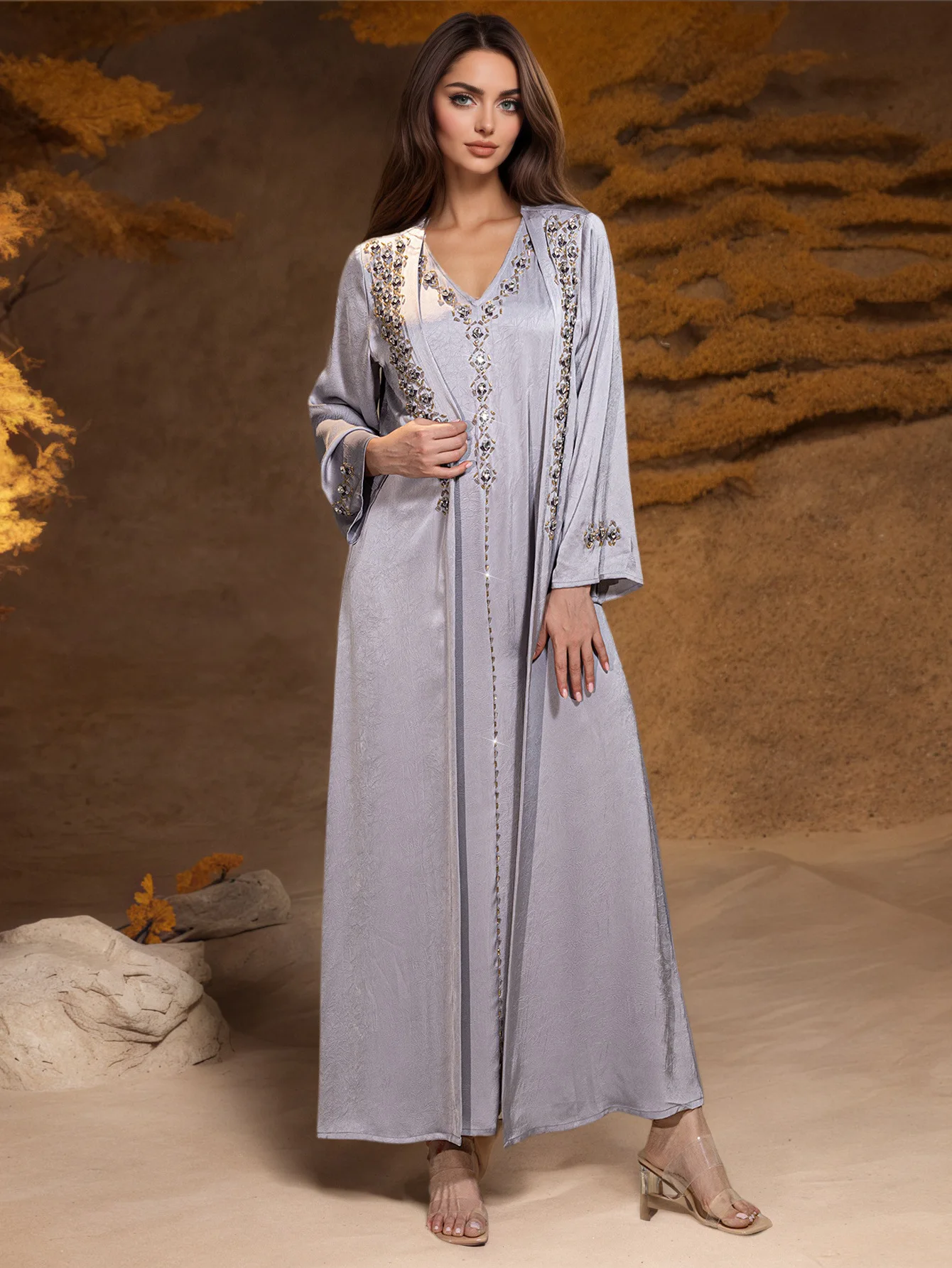 Muslim Dress Suit 2 Piece Sets Women Party Open Abaya Dresses Diamonds Long Robe Jalabiya Dubai Kaftan Ramadan Vestidos Abayas