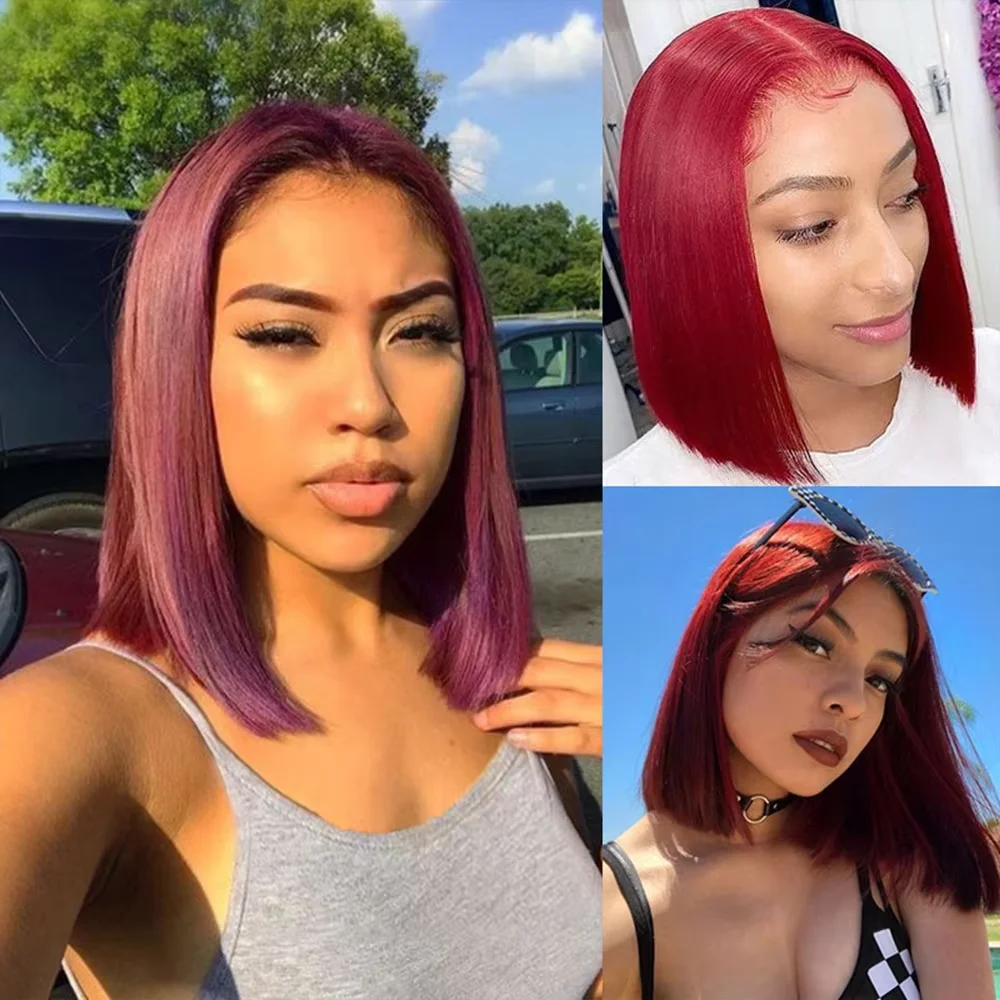 Parrucca corta 13x4, modello bob, colore bordeaux 99J, parrucca in capelli umani con rete frontale HD, densità 220%, parrucca vietnamita con rete frontale, per donna.