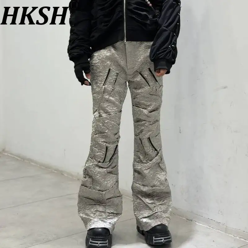 

HKSH Spring New American Safari Style Multi-Pockets Distressed Silver Wide-Leg Casual Pants High Street Fashion Punk Y2K HK24147