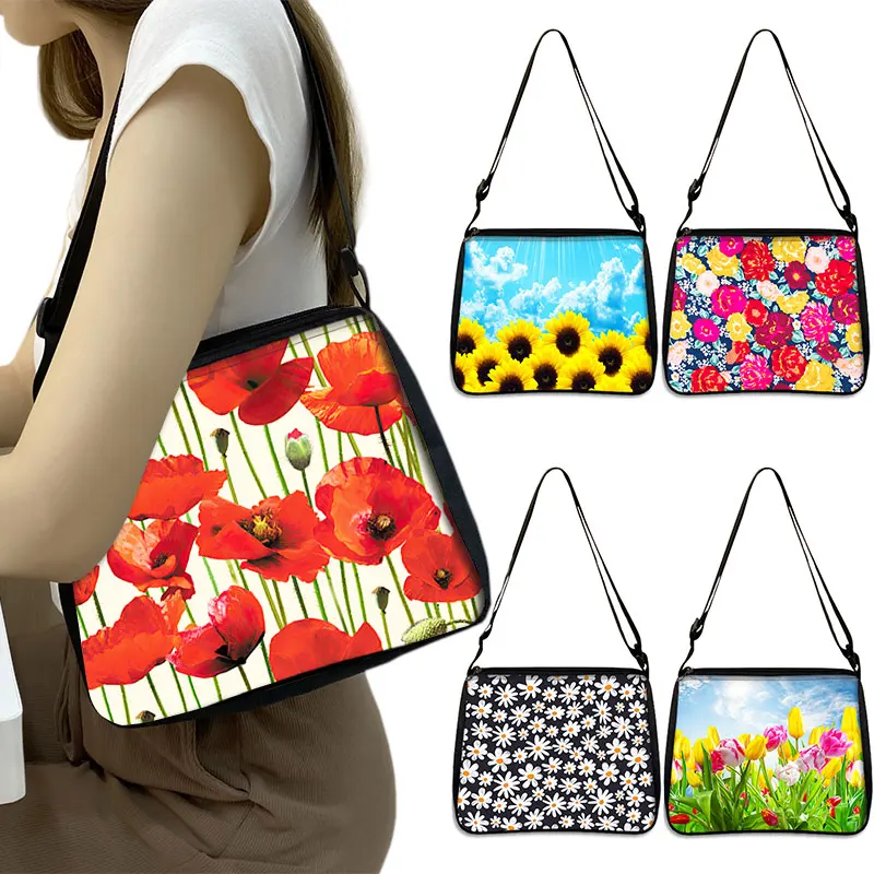 Red Poppy Flowers Daisy Prin Sunflower Print Shoulder Bag Women Tulip Handbags Casual Crossbody Bag Phone Holder Messenger Bags