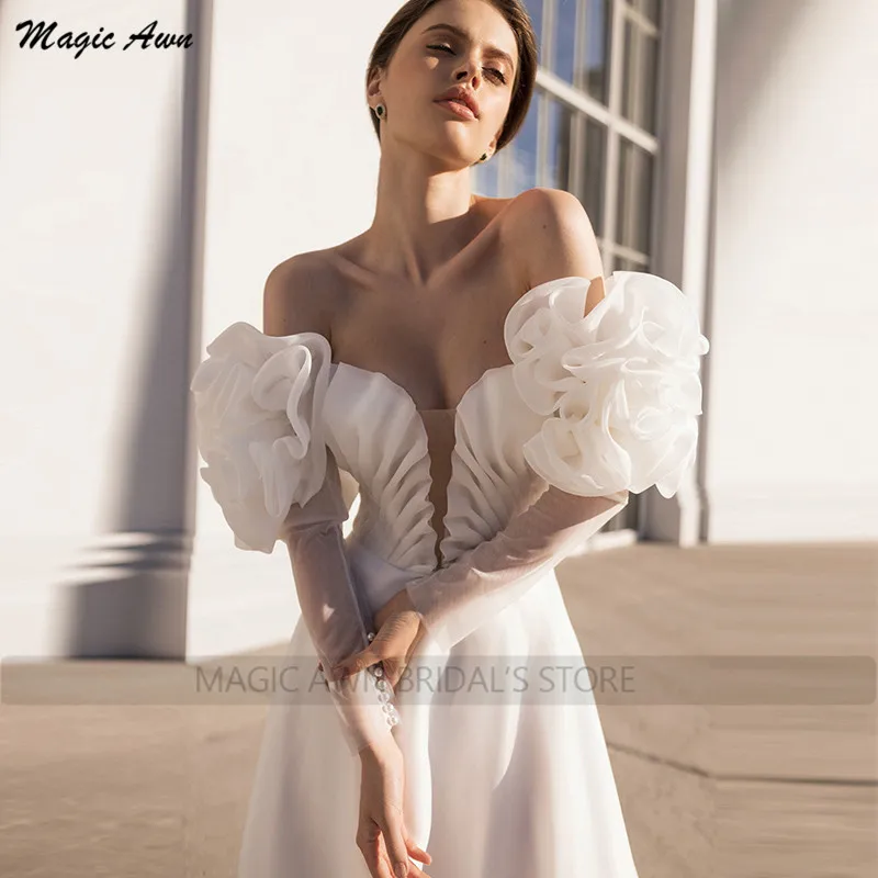 Magic Awn-vestidos de novia bohemios con mangas abullonadas desmontables, vestidos de novia de Organza sin tirantes con cordones en la espalda