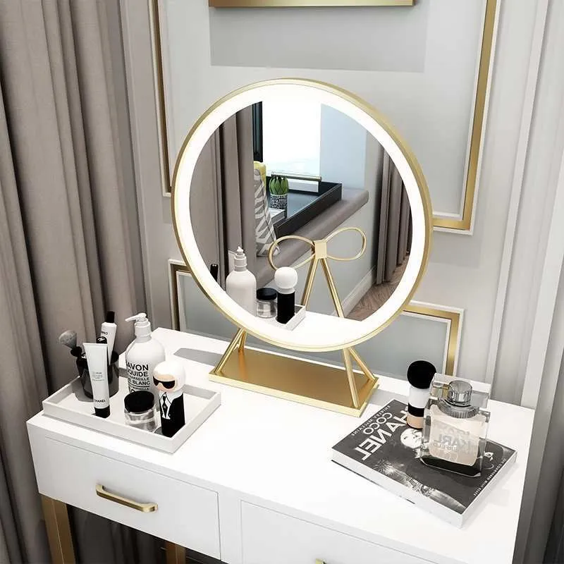 

Metal Mirror with Light Round Nordic Princess Style Bedroom Makeup LED Light Makeup Mirror