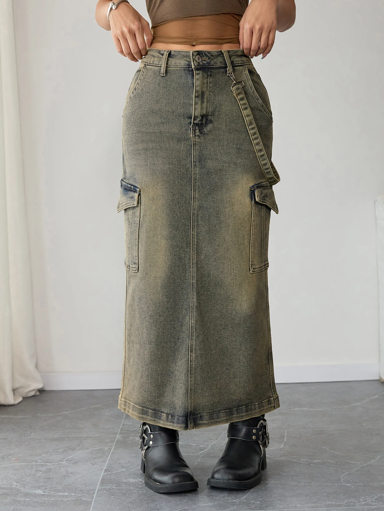 Gonna lunga in denim cargo vintage a vita alta Pantaloni jeans streetwear per donna Moda Y2K Abbigliamento multiuso