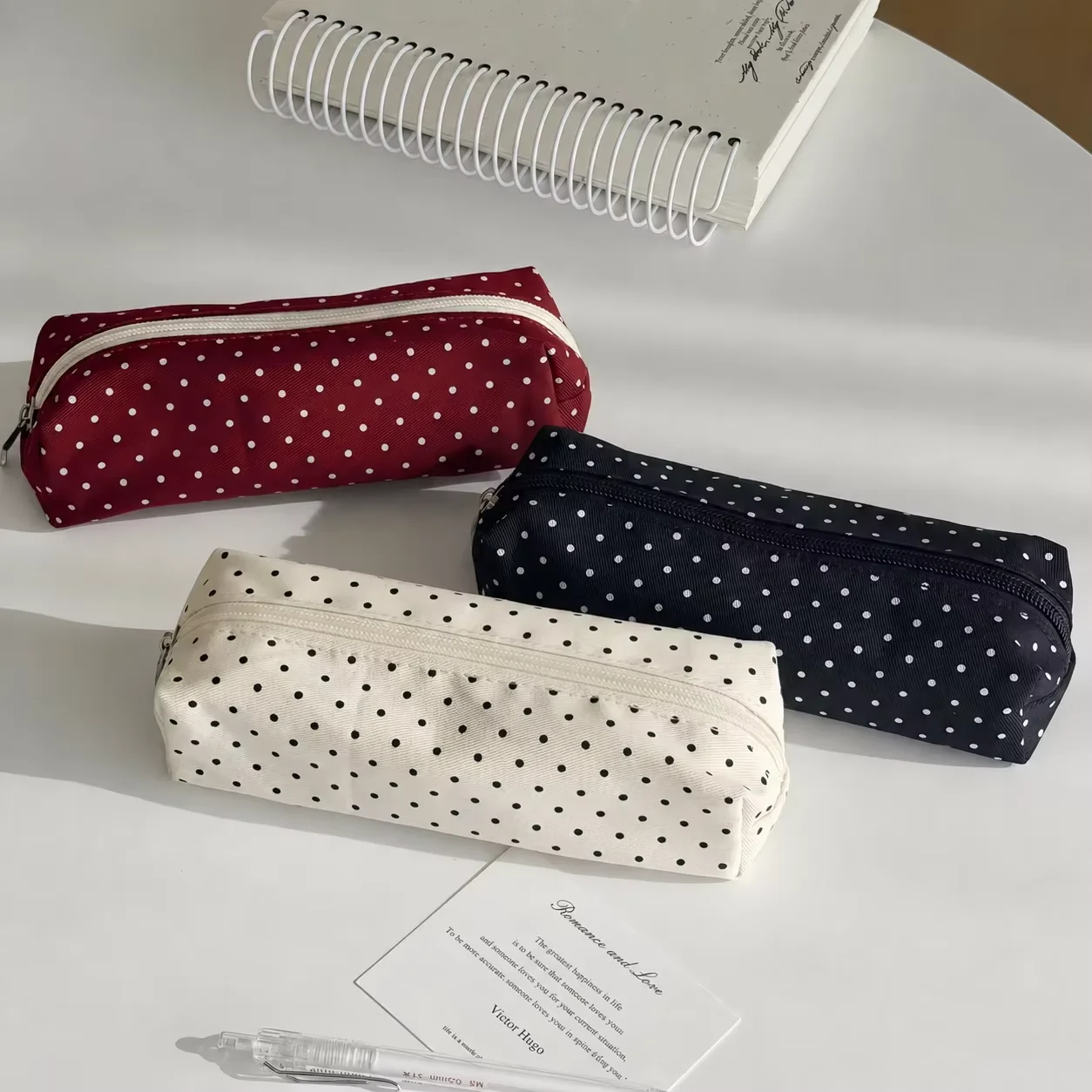 Ensemble de trousses à crayons à pois grande capacité en toile avec fermeture éclair pour étudiants, école, bureau, voyage, rangement de maquillage