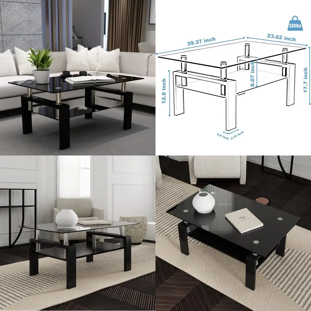 

All-Black Metal Tube Clear Glass Coffee Table