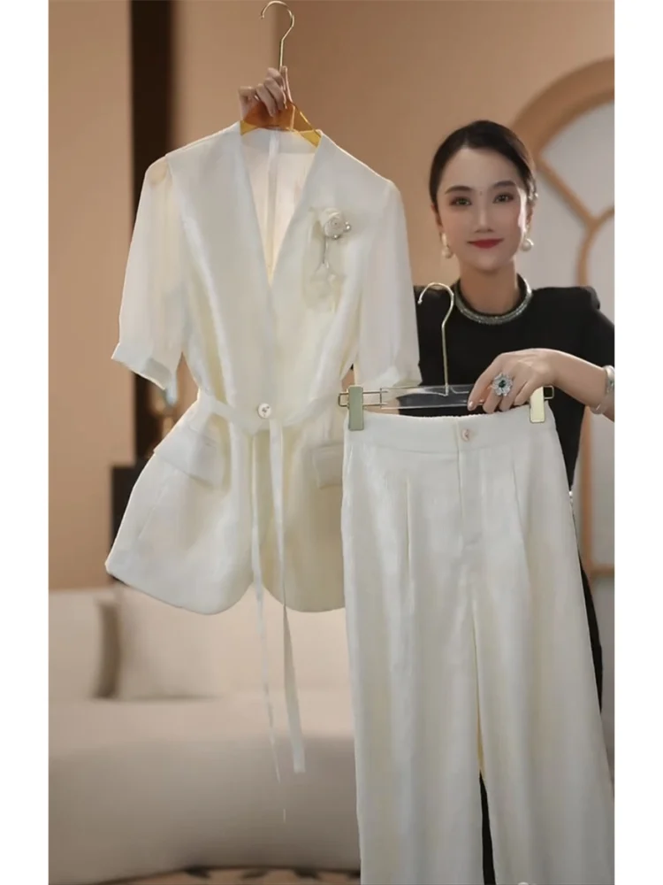 الصيف المهنية البدلة مجموعة المرأة الصناعة الثقيلة مشرقة الشيفون قصيرة الأكمام قميص معطف + بنطال ذو قصة أرجل واسعة قطعتين مجموعات