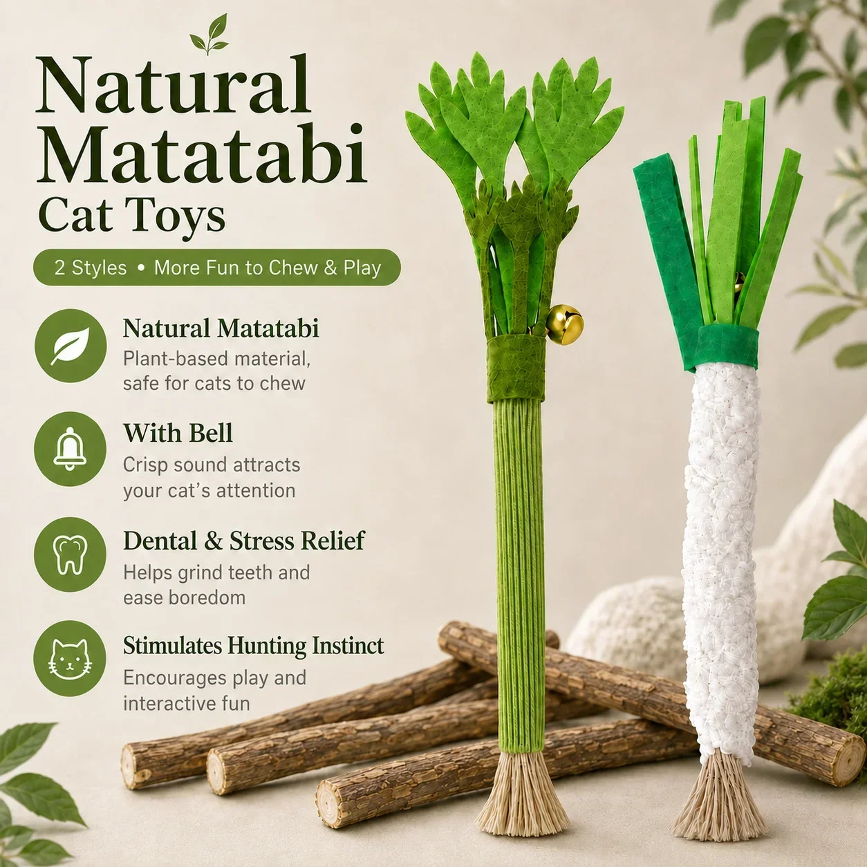 Natural Silvervine Cat Chew Toy Matatabi Stick with Bell Cat Teeth Cleaning Interactive Chew Toy for Cats Kittens Dental Care