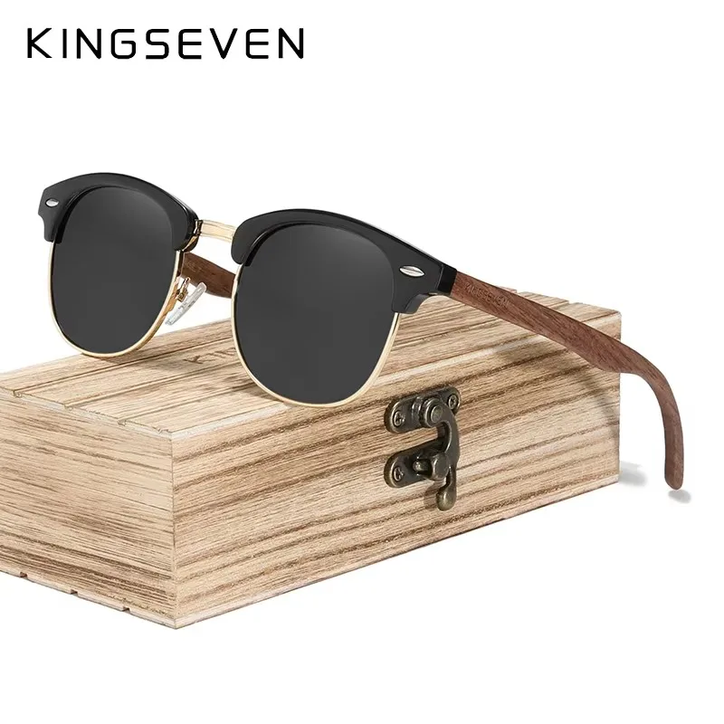 KINGSEVEN Trendy Vintage Handmade Black Walnut Wood Sunglasses Men Women Polarized Glasses Male UV400 Shades Oculos