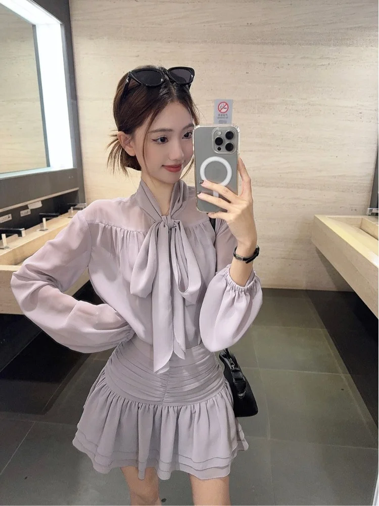 

Gentle Wind Sle Women's Knot Tied Chiffon Top Strap Vest Spring Purple f Skirt Two-Piece Set Faionable Ensemble