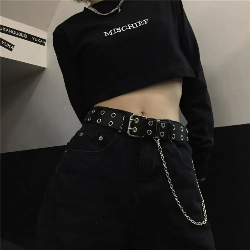 Damengürtel Trend Doppelringgürtel Doppelloch Öse Tülle Lederschnalle Punk Pin Gürtel Freizeitkleid Jeans Gothic Bund – Detail 6