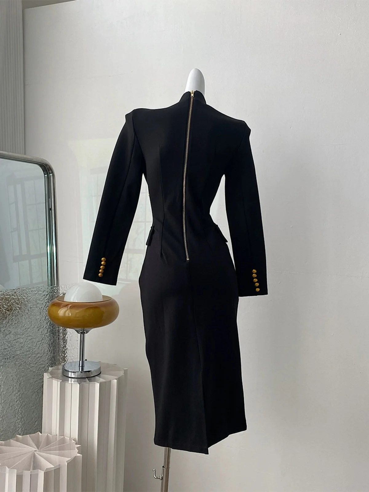 Elegante autunno inverno nero Blazer Dress donna doppio petto Midi manica lunga abiti aderenti Office Lady Formal
