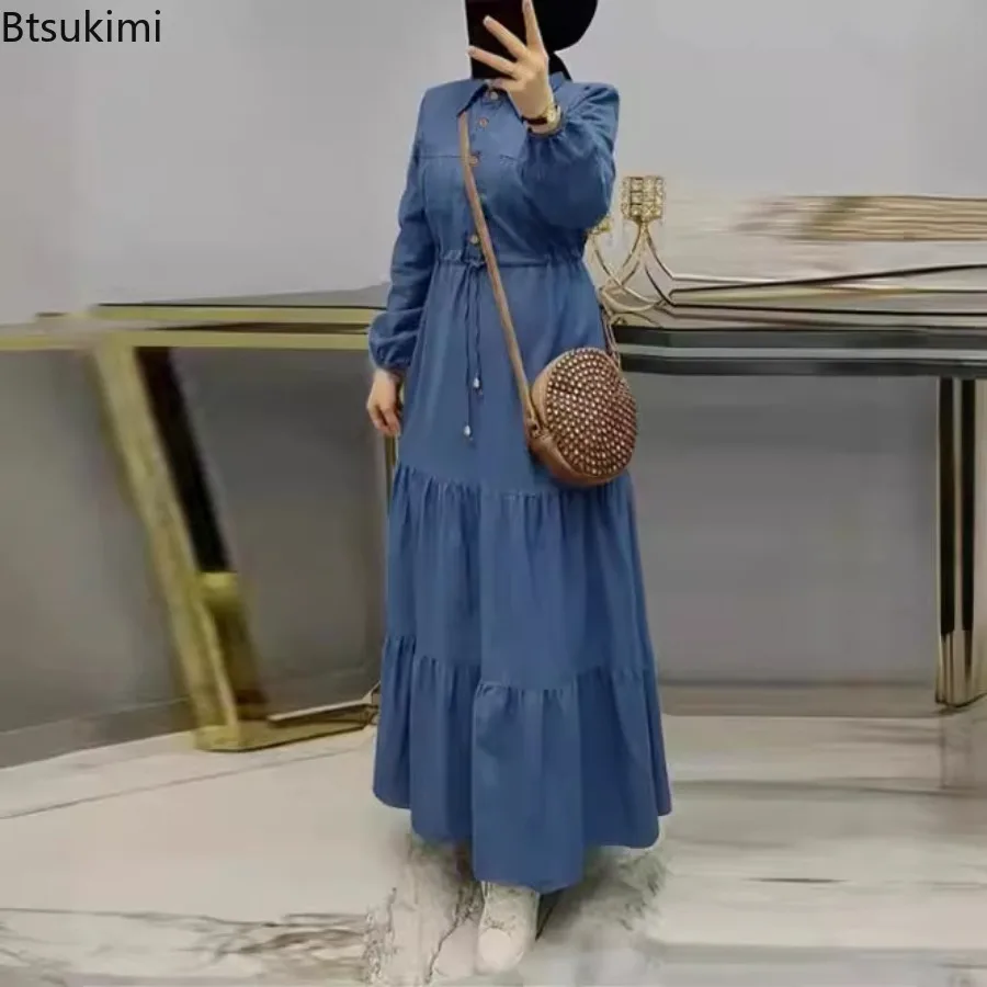 Lente Nieuwe Dames Elegante Denim Jurk Mode Patchwork Blauwe Lange Jurk Voor Vrouwen Moslim Abaya Vintage Streetstyle Dames Gewaad