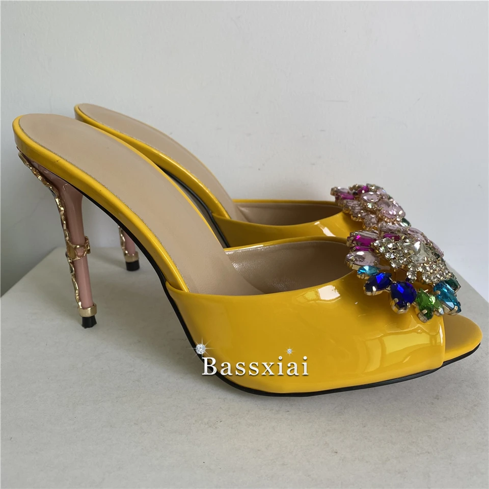 Colorful Rhinestone Flower Wedding Shoes Bridal Patent Leather Open Toe Slingbacks Mules Petal Decor High Heel Sandals Women