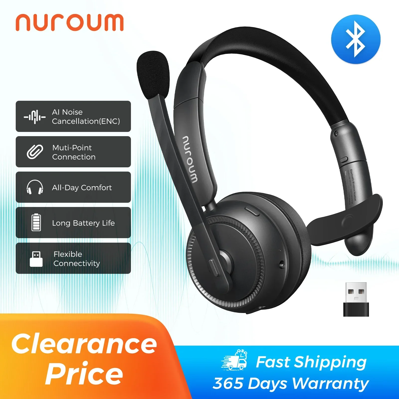 Nuroum HP31SU Bluetooth 5.3 Kabelloses Headset mit ENC-Geräuschunterdrückungsmikrofon, unabhängiger Stummschalttaste für Arbeit, Büro, Callcenter, Over-Ear-Kopfhörer für PC, Laptop, Teams,