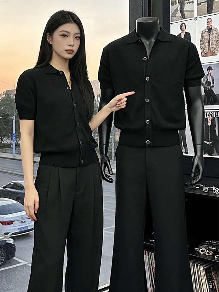 Black Knitted Short Sleeve Open Cardigan Men's Summer Casual Wear Turn-down Collar T-shirt Simple Commuting High-end Outerwear