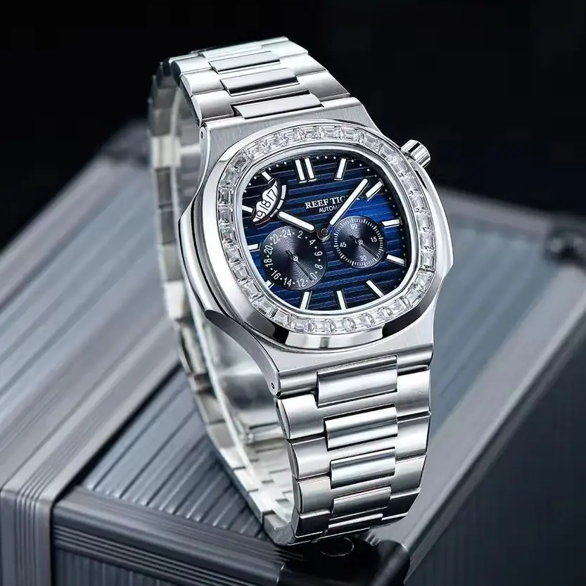 Reef Tiger Men Automatic Watch 44mm Square Mechanical Wristwatch Waterproof Luminous Sapphire Power Reserve Display Date 24 Hour